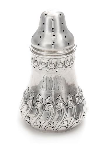 An American Silver Muffineer, Dominick & Haff, New York, NY, 1889, the body worked with S-scrolls.