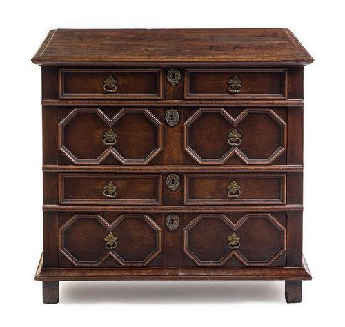 A William and Mary Oak Chest of Drawers Height 32 3/4 x width 36 1/4 x depth 22 3/4 inches.