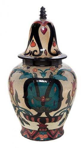 A Royal Couldon Cairoware Covered Vase Height 14 inches.
