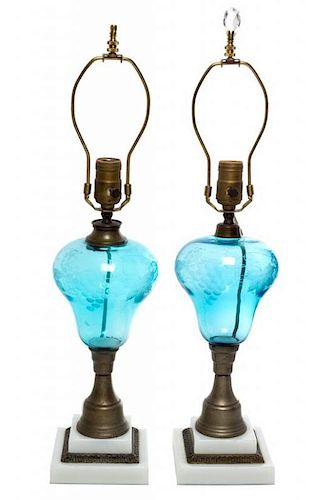 * A Pair of American Etched Glass and Marble Table Lamps Height 22 1/2 inches.