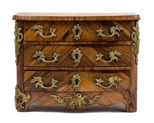 A Diminutive Regence Style Gilt Bronze Mounted Kingwood Commode Height 12 x width 16 x depth 9 1/4 inches.