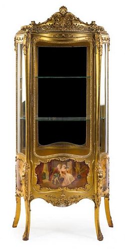 * A Louis XV Style Vernis Martin Decorated Giltwood Vitrine Height 70 1/4 x width 31 1/2 x depth 15 1/2 inches.