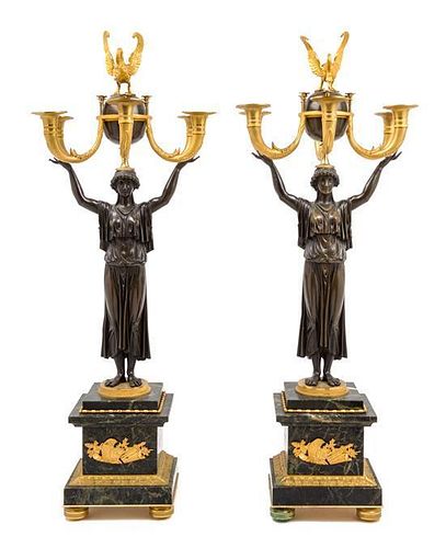 * A Pair of Empire Style Gilt and Patinated Bronze and Marble Six-Light Candelabra Height 34 1/2 inches.
