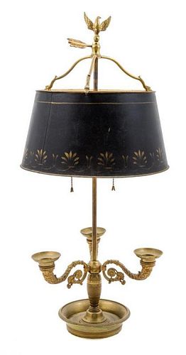 * An Empire Style Gilt Bronze Three-Light Bouillotte Lamp Height 30 inches.