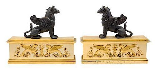 * A Pair of Empire Style Gilt and Patinated Bronze Chenets Width 18 1/4 inches.