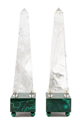 A Pair of Rock Crystal and Malachite Veneered Obelisks Height 15 1/2 inches.