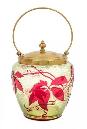 A Baccarat Etched and Colored Glass Biscuit Barrel Height 7 1/2 inches.