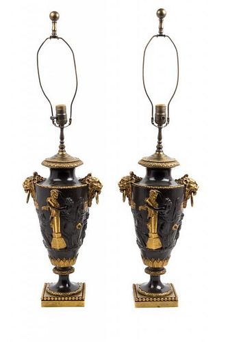 A Pair of French Gilt and Patinated Bronze Vases Height 18 inches.