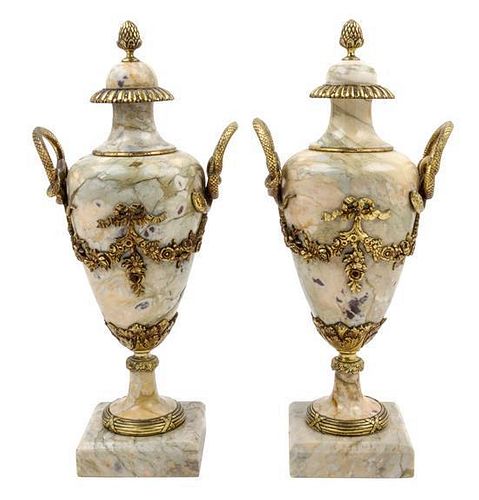 A Pair of Neoclassical Style Gilt Bronze Mounted Marble Urns Height 20 3/8 inches.