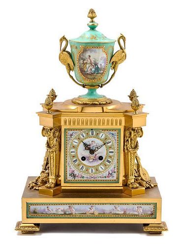 A Sevres Style Porcelain Mounted Gilt Bronze Mantel Clock Height 18 inches.