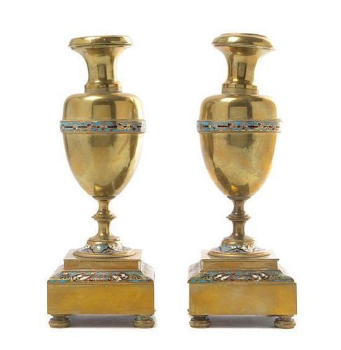 * A Pair of Champleve Decorated Candlesticks Height 9 1/2 inches.