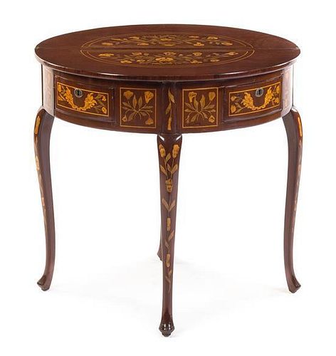 A Dutch Marquetry Flip-Top Table Height 28 1/2 x width 28 3/4 inches.