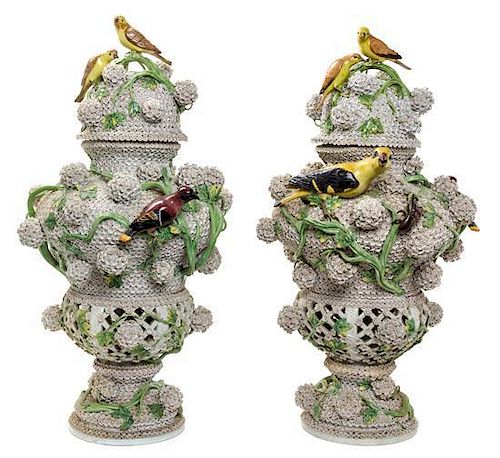 * A Pair of Large Meissen Porcelain Schneeballen Urns and Covers Height 32 inches.