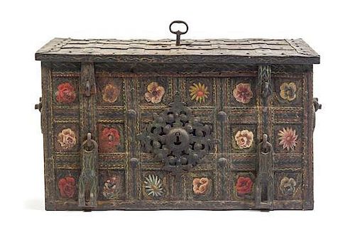 A Continental Polychrome Decorated Iron Strong Box Height 19 1/2 x width 34 3/4 x depth 19 7/8 inches.