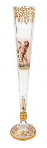 * A Continental Enameled Glass Trumpet Vase Height 20 inches.