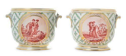 A Pair of Russian Porcelain Twin-Handled Cache Pots Height 5 1/4 inches.