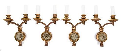 A Set of Four Neoclassical Jade Mounted Bronze Two-Light Sconces Height 15 1/2 inches.