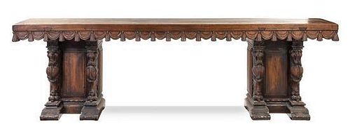 * An Italian Baroque Style Oak Console Table Height 36 x width 21 1/2 x depth 120 1/2 inches.