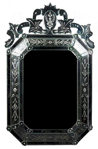 A Venetian Etched Glass Over-Mantel Mirror Height 63 inches.