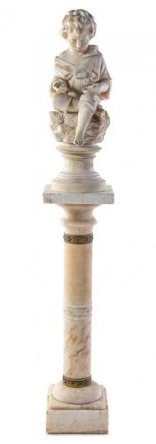 * An Italian Alabaster Figure and Pedestal Height of figure 27 1/2 inches.