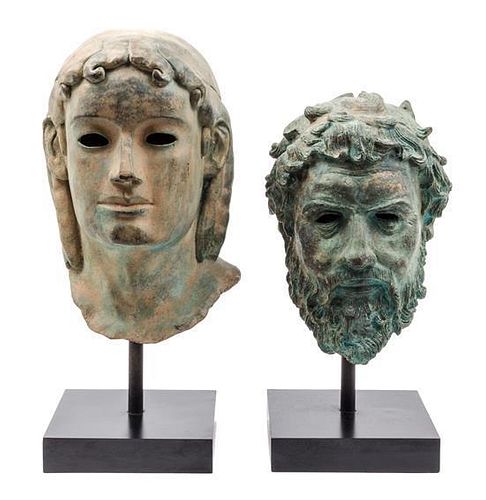 * Two Large Classical Patinated Bronze Heads Height of taller 15 inches.