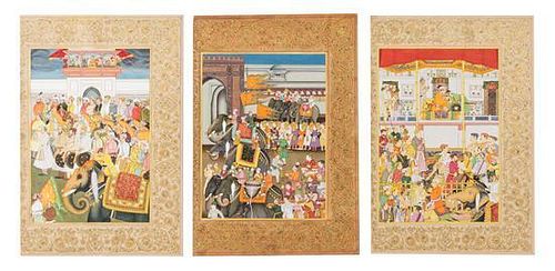 Three Indian Mughal Paintings Each: 15 1/2 x 10 1/2 inches.