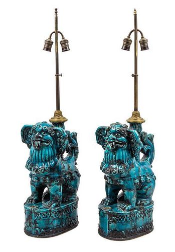 * A Pair of Chinese Export Style Turquoise Glazed Table Lamps Height overall 36 inches.