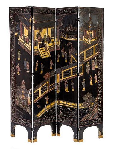 A Chinese Export Lacquered Four-Panel Floor Screen Height 72 1/4 x width of each panel 15 3/4