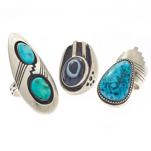 Collection of Three Turquoise, Banded Agate, Silver Rings