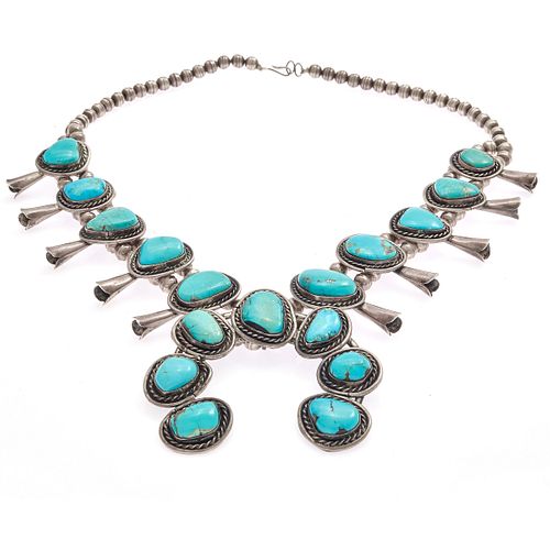 Native American Turquoise, Silver Squash Blossom Necklace