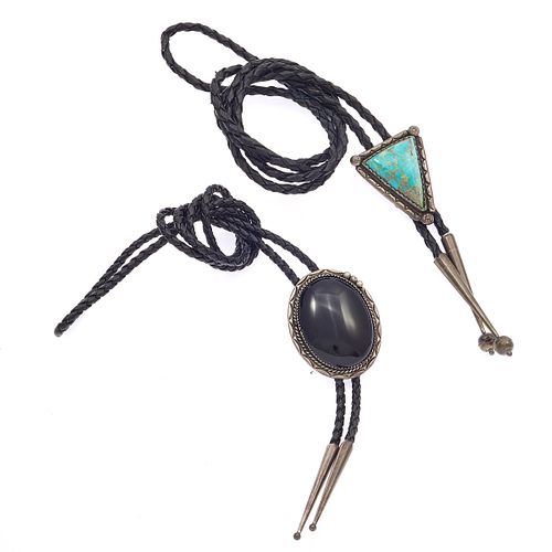 Collection of Two Chrysocholla, Onyx, Silver Bolo Ties