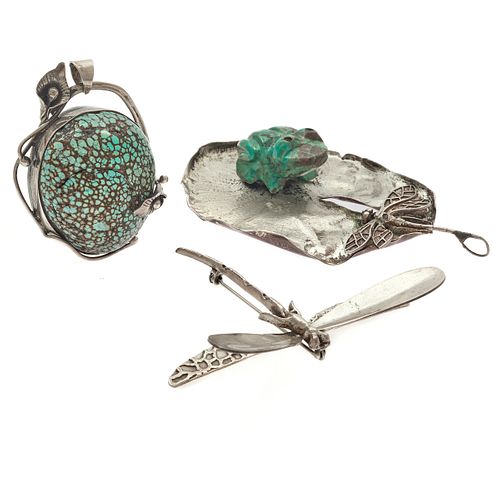 Group of Turquoise, Silver, Flora and Fauna Pin Pendants