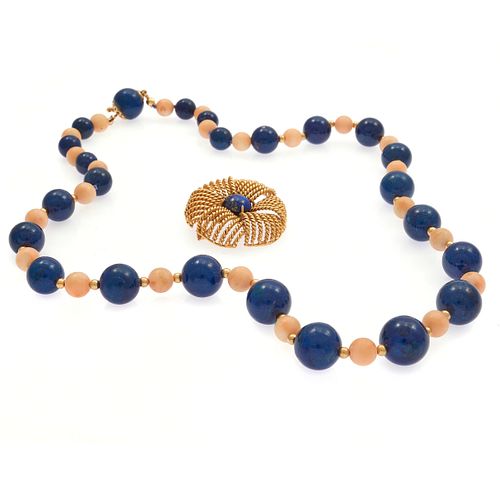 Lapis Lazuli, Coral, 14k Necklace and Pin