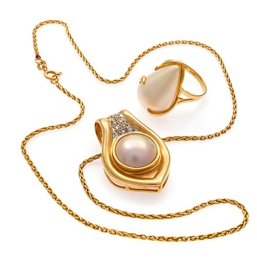 Diamond, Mabe Cultured Pearl, 14k Necklace and Ring