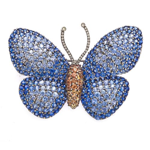 Sapphire, Diamond, 18k White Gold Butterfly Pin