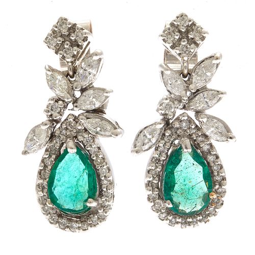 Pair of Emerald, Diamond, 18k White Gold Earrings