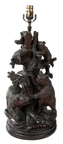 Black Forest Carved Bear Figural Group Lamp