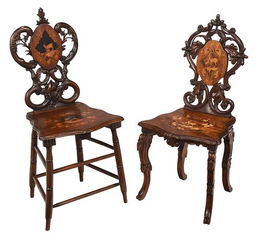 Two Black Forest Carved Marquetry Inlaid Side Chairs