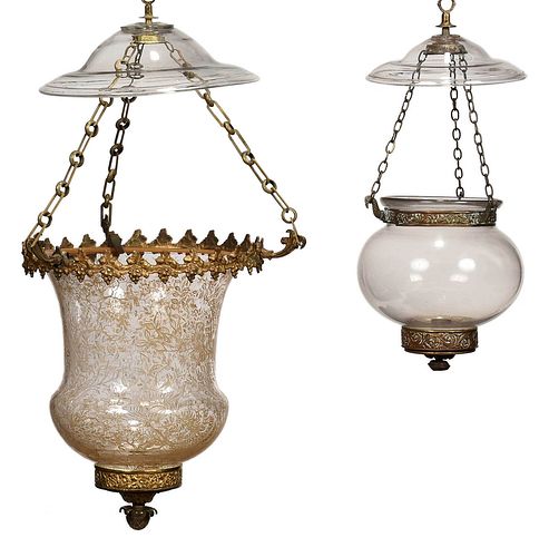 Two Neoclassical Blown Glass Hanging Hall Fixtures