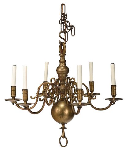 Dutch Baroque Style Brass Six Light Chandelier