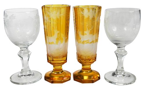 Assembled Group of 12 Bohemian Etched Glass Goblets
