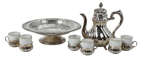 German Silver Mocha Service with Silver Plate Dish