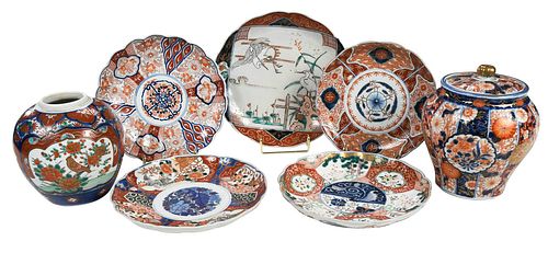 Five Imari Porcelain Plates and Two Vases
