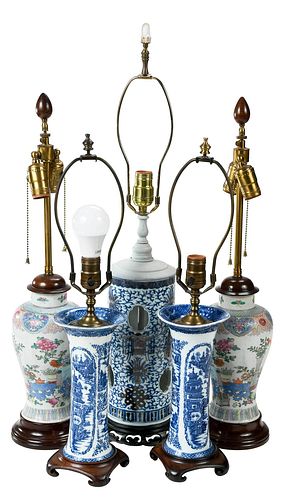 Five Chinese Export Vases Converted to Lamps