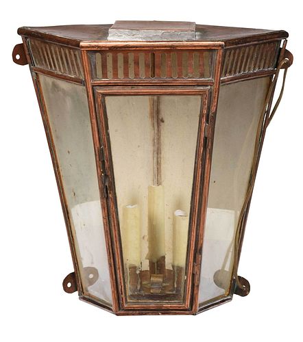 Large Glass and Copper Electric Corner Lantern