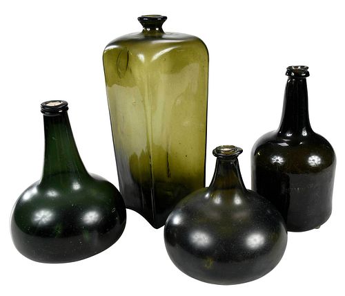 Four Early Olive Blown Glass Bottles