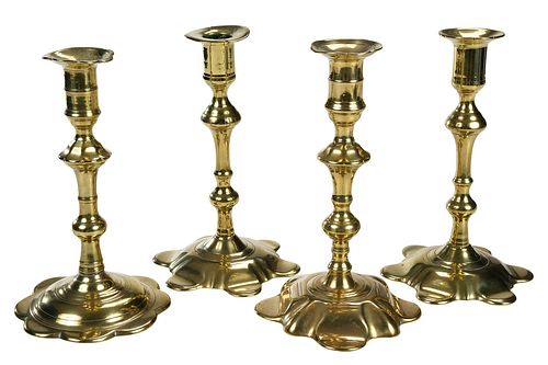 Four English Brass Petal Base Form Candlesticks