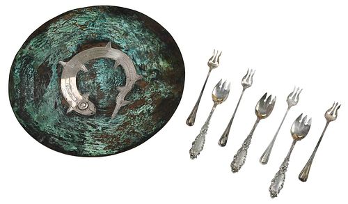 Sterling and Copper Plate and Seven Sterling Forks