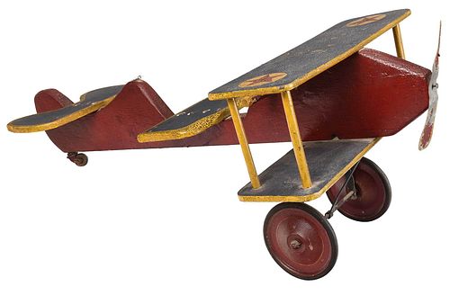 Large Folk Art Painted Biplane Toy