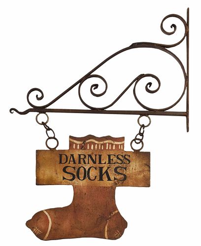 Vintage Folk Art Sheet Iron "Darnless Socks" Trade Sign